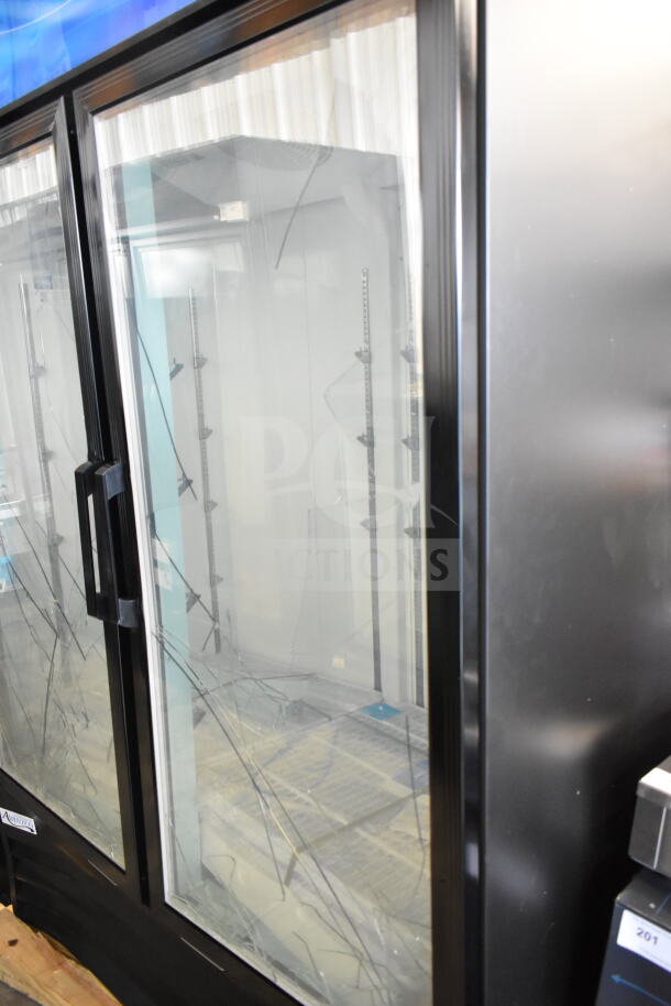 Brand new Avantco 178GDC49FHCB 2-door cooler merchandiser. Scratch and dent, glass damage visible. 115V, 1 phase.