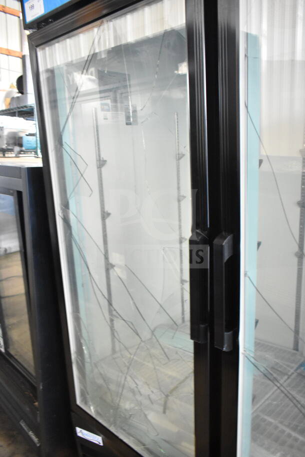 Brand new Avantco 178GDC49FHCB 2-door cooler with visible glass damage. Commercial use, 115V, 1 phase.