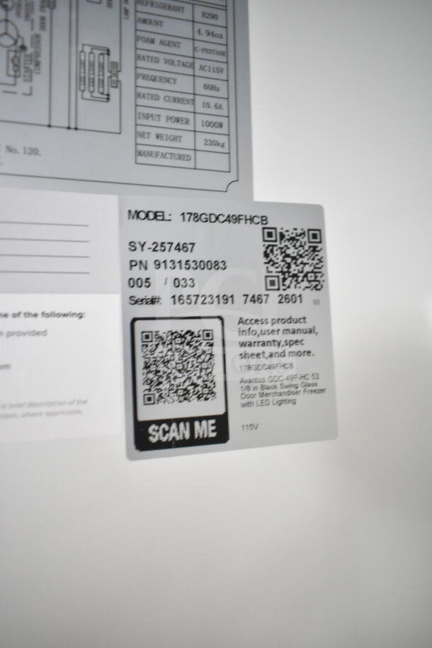Alt text: Avantco 178GDC49FHCB commercial cooler label showing model details and QR codes for product information.