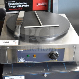Brand new Carnival King 382TCM16M 16" non-stick crepe maker with spatula and spreader. Voltage: 208/240, 1 Phase.