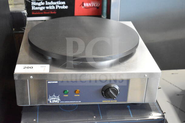 Carnival King 382TCM16M 16" non-stick crepe maker, new with minor scratches. Features power and heating lights, dial control.