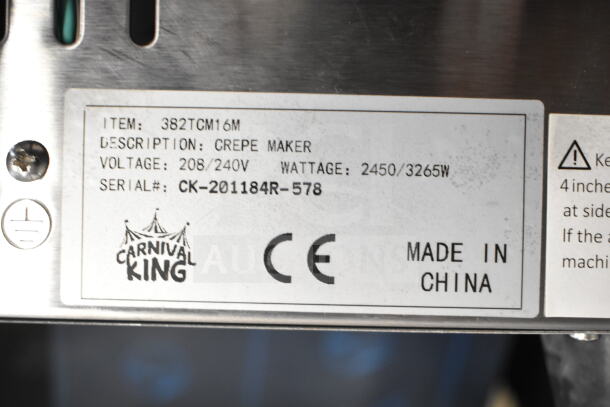 BRAND NEW Carnival King 382TCM16M 16" Non-Stick Crepe Maker, 208/240V, 1 Phase, scratches visible, label shows specs.