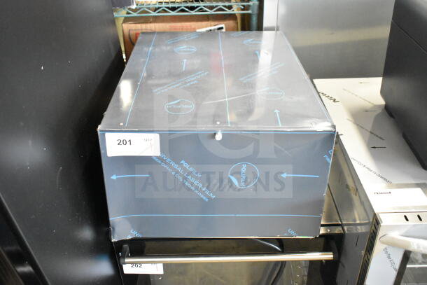 Brand new Hubbell J654R 6-gallon compact booster heater, 208V, 3-phase, in original protective packaging, labeled "201."