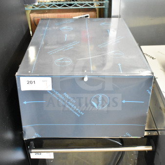 Brand new Hubbell J654R 6-gallon compact booster heater, 208V, 3-phase, in original protective packaging, labeled "201."