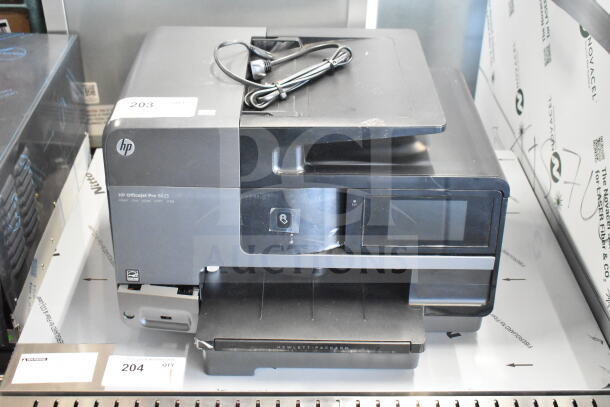 HP OfficeJet Pro 8625 printer, scanner, copier, fax machine; black; good condition; includes power cord; model label visible.