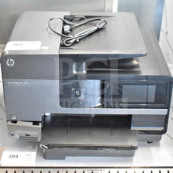 HP OfficeJet Pro 8625 printer, scanner, copier, fax machine; black; good condition; includes power cord; model label visible.