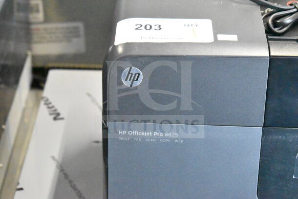 HP OfficeJet Pro 8625 multifunction printer with print, fax, scan, copy features. Visible model label and auction tag 203.