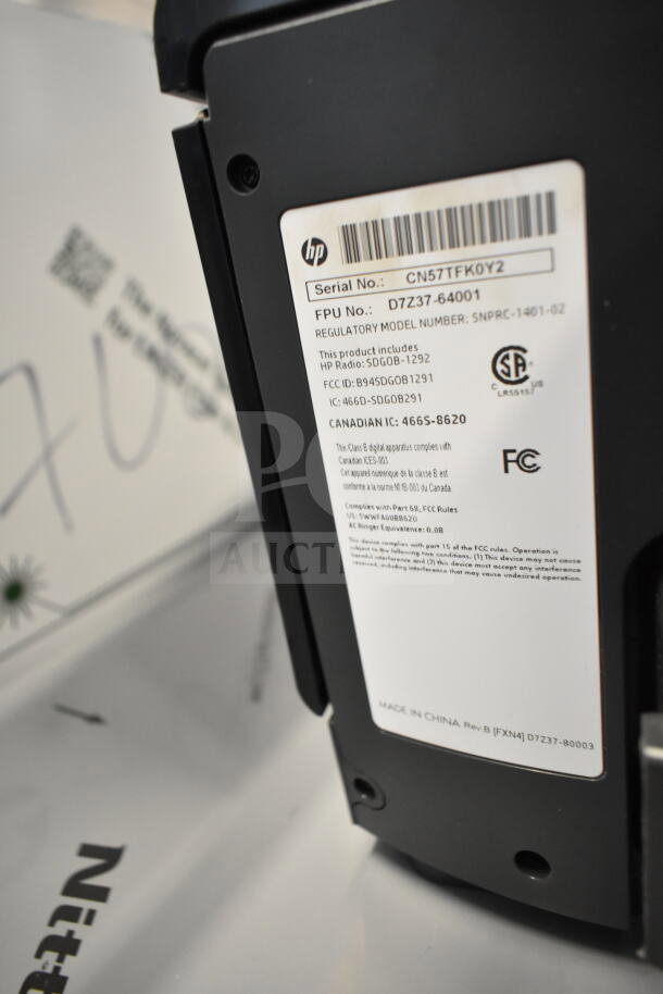 HP OfficeJet Pro 8625 showing model and regulatory label. Serial No: CN57TFK0Y2. Features printer, scanner, copier, fax functions.