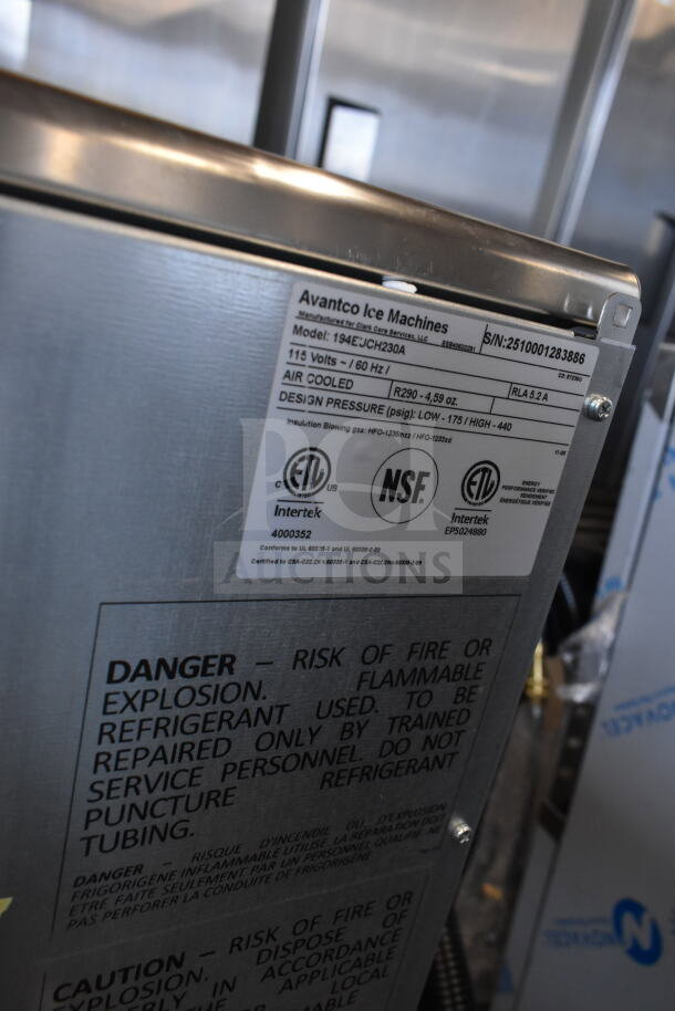 Avantco Ice Diamond EUC-H-230-A, new, 223 lb capacity, 115V, air-cooled, model 194EUCH230A, warning labels visible.