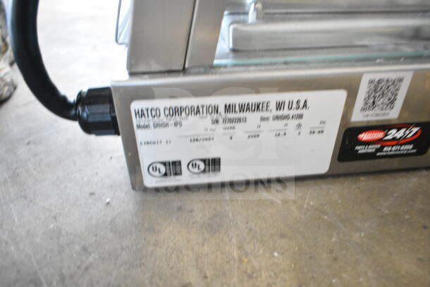 Hatco GRHDH-4PD stainless steel merchandiser label. Displays model, serial number, and UL certification.