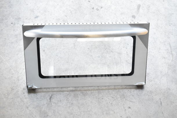 Brand new scratch and dent replacement convection oven door with visible corner damage, sleek handle design.