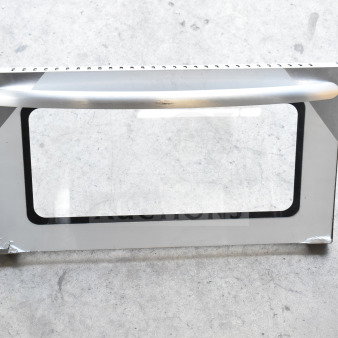 Brand new scratch and dent replacement convection oven door with visible corner damage, sleek handle design.
