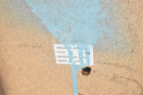 Sticker from panel with text reading "SPEAK ASSY FX10 IMPEDANCE: 6 OHM MADE IN CHINA," on particle board with blue paint.