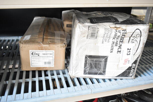 Three boxed items including Choice 105GC11A3 order forms, 847SP10BK square plates, and Acopa Cavern 304CAVB5LG bowls. Packaging in fair condition.