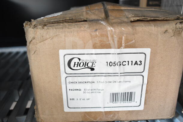 Box of Choice 105GC11A3 3-Part White Carbonless Order Delivery Forms, 50 checks/book, 50 books/case. Slightly worn box.