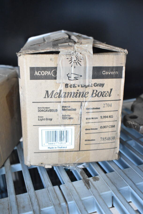 Acopa Cavern 8 oz. Light Gray Melamine Bowl, 12/Case; Box labeled with item 304CAVB5LG, made in Thailand.