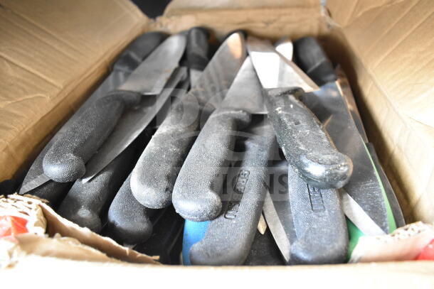 Box of 50 sharpened stainless steel chef knives with dark handles. Some handles marked "GREBER." Handles show minor wear.
