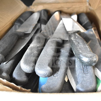 Box of 50 sharpened stainless steel chef knives with dark handles. Some handles marked "GREBER." Handles show minor wear.