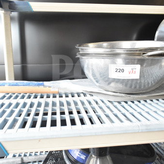 5 various items including metal bowls with visible label "220 VXS" and an Azzurra pizza peel on a shelf.