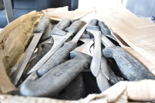 Box of 60 sharpened stainless steel knives, including rocking and serrated types. Knives feature durable black handles.