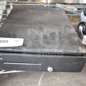 Black countertop cash drawer with lock, minor surface wear, visible brand label; item number tag "225."