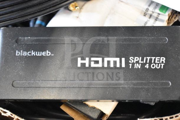 Blackweb HDMI splitter with 1 input and 4 outputs, visible markings, bundled with various cables. Includes 6 items per bid.