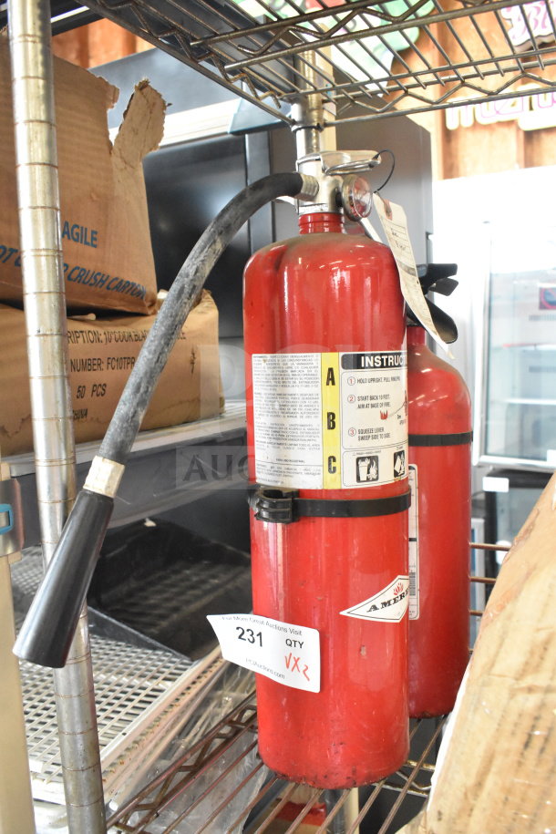 Two red Amerex fire extinguishers on a metal shelf, labeled with instructions and auction tag "231 QTY X2".