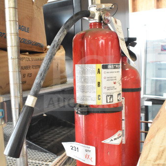 Two red Amerex fire extinguishers on a metal shelf, labeled with instructions and auction tag "231 QTY X2".
