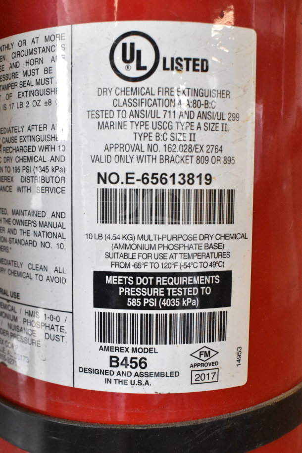Amerex B456 dry chemical fire extinguisher, UL listed, pressure tested to 585 PSI, suitable for -65°F to 120°F.