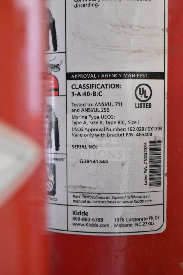 Two fire extinguishers, including Amerex, UL listed. Classification 3-A:40-B:C. Buyer pickup only, not for shipping.
