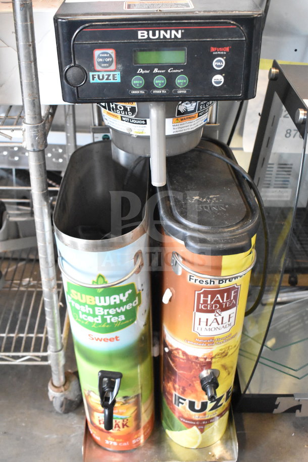 Bunn commercial countertop iced tea machine with two beverage dispensers and poly brew basket, good condition, visible brand labels.