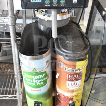 Bunn commercial countertop iced tea machine with two beverage dispensers and poly brew basket, good condition, visible brand labels.