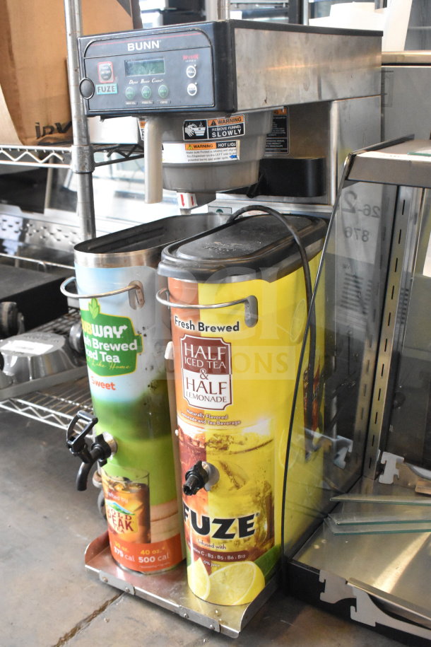 Bunn Commercial Iced Tea Machine with two beverage holders and poly brew basket; features digital display and warning labels.