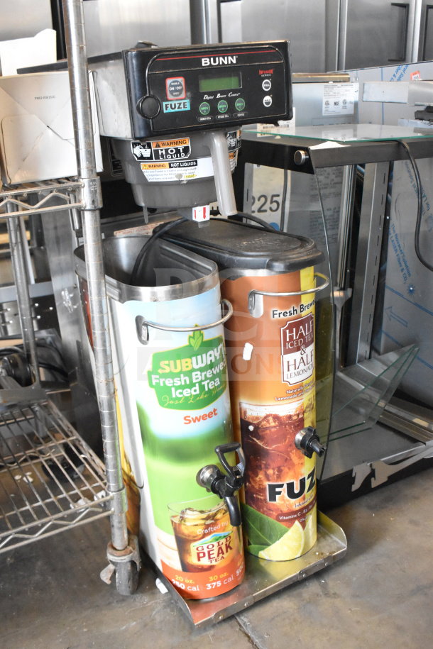 Bunn Commercial Countertop Iced Tea Machine with two beverage dispensers and poly brew basket, featuring Subway and Fuze labels.