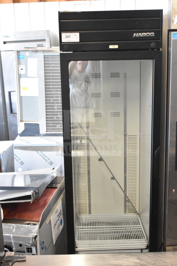 Habco SE18 commercial single-door cooler merchandiser, 115V, 1-phase, black frame, glass door, interior shelving, model SE18.
