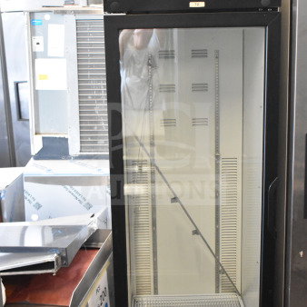 Habco SE18 commercial single-door cooler merchandiser, 115V, 1-phase, black frame, glass door, interior shelving, model SE18.