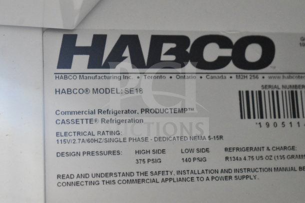 Habco SE18 Commercial Single Door Cooler Merchandiser label, showing model, electrical rating (115V, 1 Phase), and design pressures.