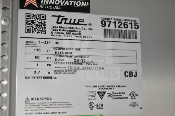 Label of 2019 True T-23F-HC commercial freezer, details: 115V, 60Hz, R290 refrigerant, NSF/ANSI Standard 7 listed.