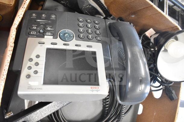 Box of 6 assorted items; includes a Cisco corded office telephone with keypad and display screen, in used condition.