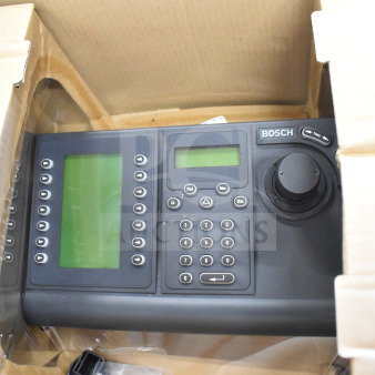 Bosch KBD-DIGITAL IntuiKey Security Keyboard with joystick, dual screens, numeric keypad, and function buttons, in box.