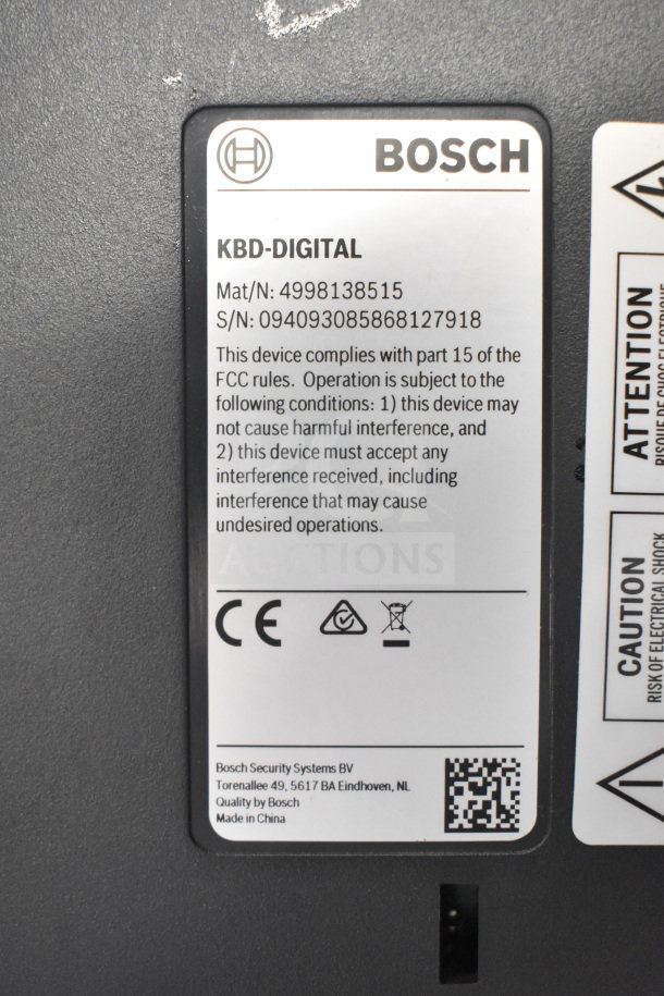 Bosch KBD-DIGITAL IntuiKey security keyboard, model 4998138515, with joystick. FCC compliant. Serial 094093085868127918.