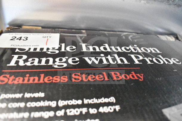 Brand new Avantco 177IC1800P induction range with probe, 120V, stainless steel, visible box label.