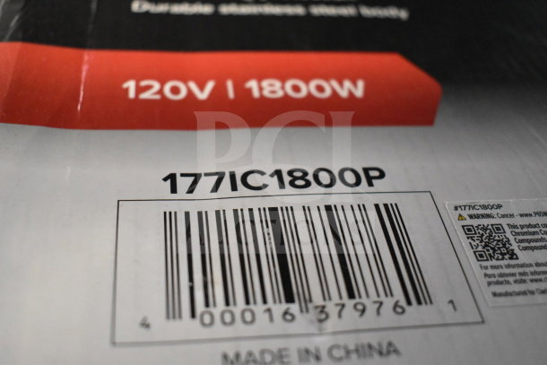 New Avantco 177IC1800P induction range, 120V, 1800W, barcode visible, scratch and dent condition, Made in China.