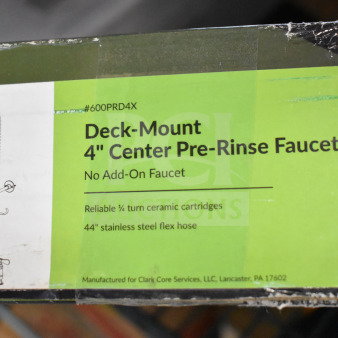 Brand new Regency 600PRD4X deck-mounted pre-rinse faucet, 1.15 GPM, features 4" centers, 8" add-on faucet, minor scratches and dents.