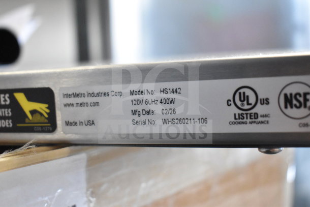 Brand new Metro Super Erecta Hot HS1442 heated shelf, 14"x42" stainless steel, 120V, 1 phase, UL and NSF listed.