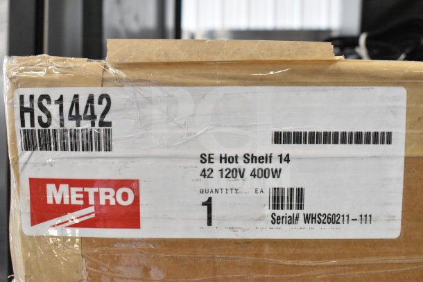 Brand new Metro Super Erecta HS1442 14"x42" stainless steel heated shelf, 120V, 1 phase, slight dent.