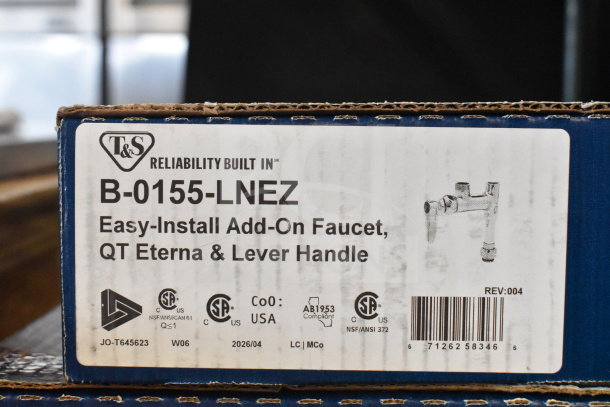BRAND NEW T&S B-0155-LNEZ add-on faucet for EasyInstall pre-rinse, QT Eterna & lever handle, with box, no nozzle.