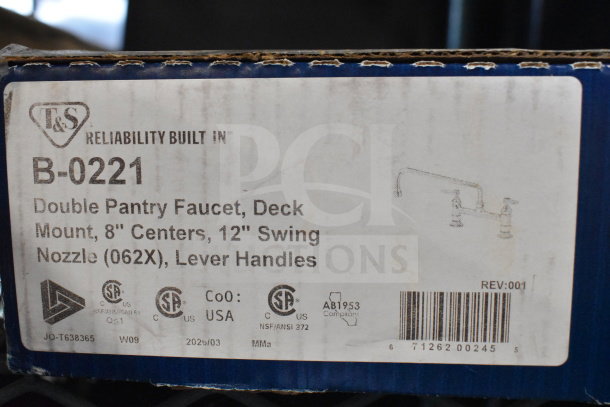 BRAND NEW T&S B-0221 deck-mounted faucet, 12" swing nozzle, 8" adjustable centers, Eterna cartridges, lever handles.