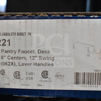 BRAND NEW T&S B-0221 deck-mounted faucet, 12" swing nozzle, 8" adjustable centers, Eterna cartridges, lever handles.