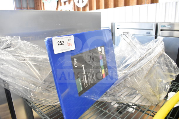 3 brand new scratch-and-dent items: 18"x12"x1/2" blue polyethylene cutting board by Choice, and 12.25"x14"x6.5" fryer sediment tray.